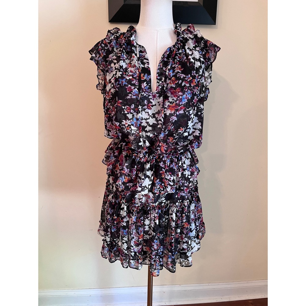 MISA Los Angeles Fleur Black Floral Ruffle Tiered Mini Dress Small - Picture 2 of 8
